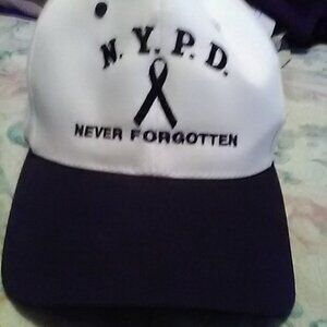 NYPD Never Forgotten White Cap w/ Black Bill, Button, & Air Holes, Adjustable